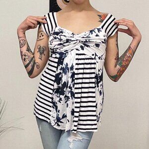 Bailey 44 Sleeveless Stripe & Floral Twist Knot Babydoll Top Size S White/Black